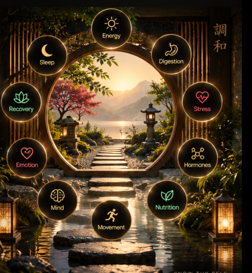 Japanese moon gate garden with ten circular entry points for Sleep, Energy, Digestion, Stress, Hormones, Nutrition, Movement, Mind, Emotion and Recovery