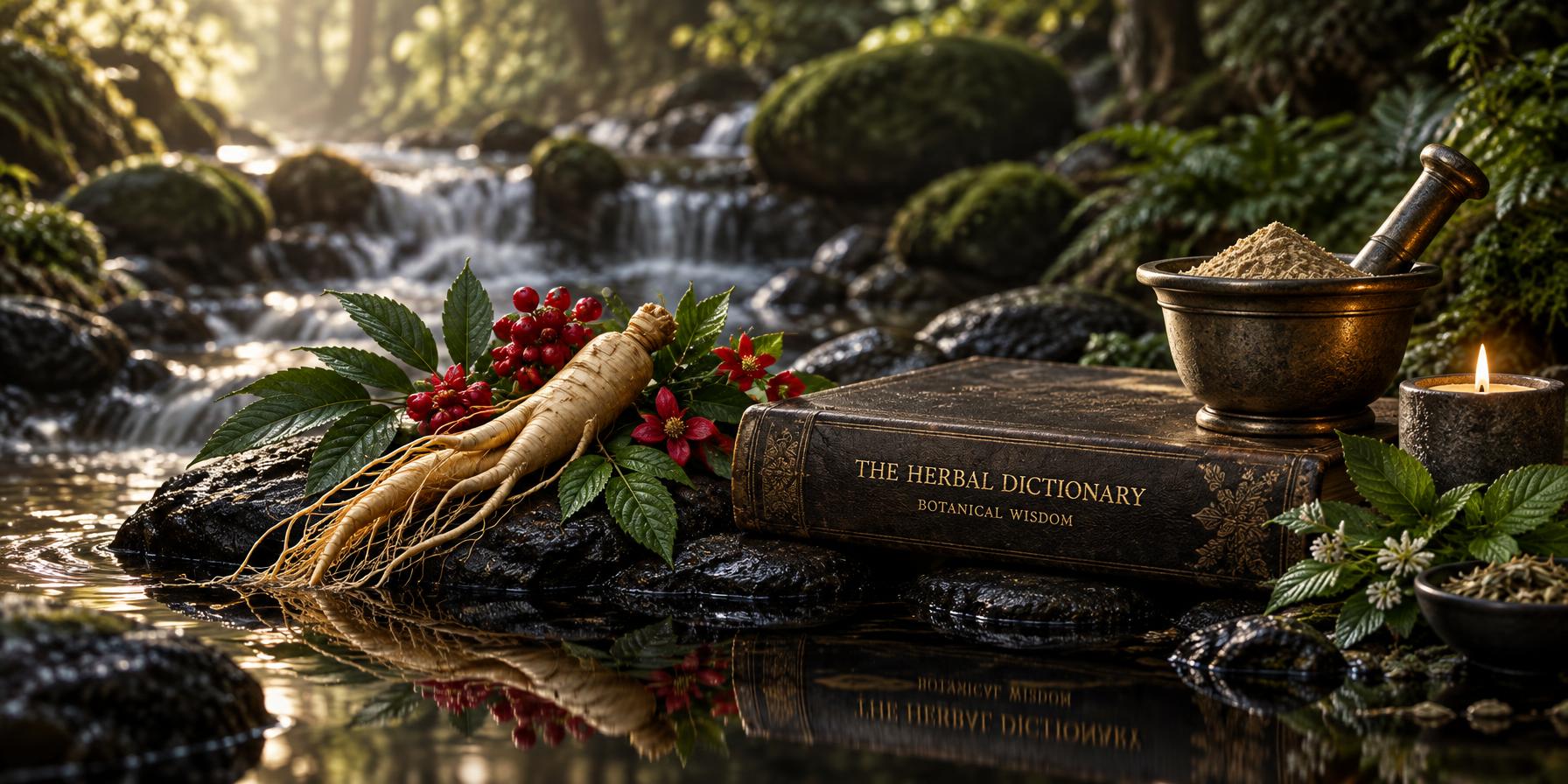Panoramic still life with ginseng root, The Herbal Dictionary book, bronze mortar and candle beside a forest stream