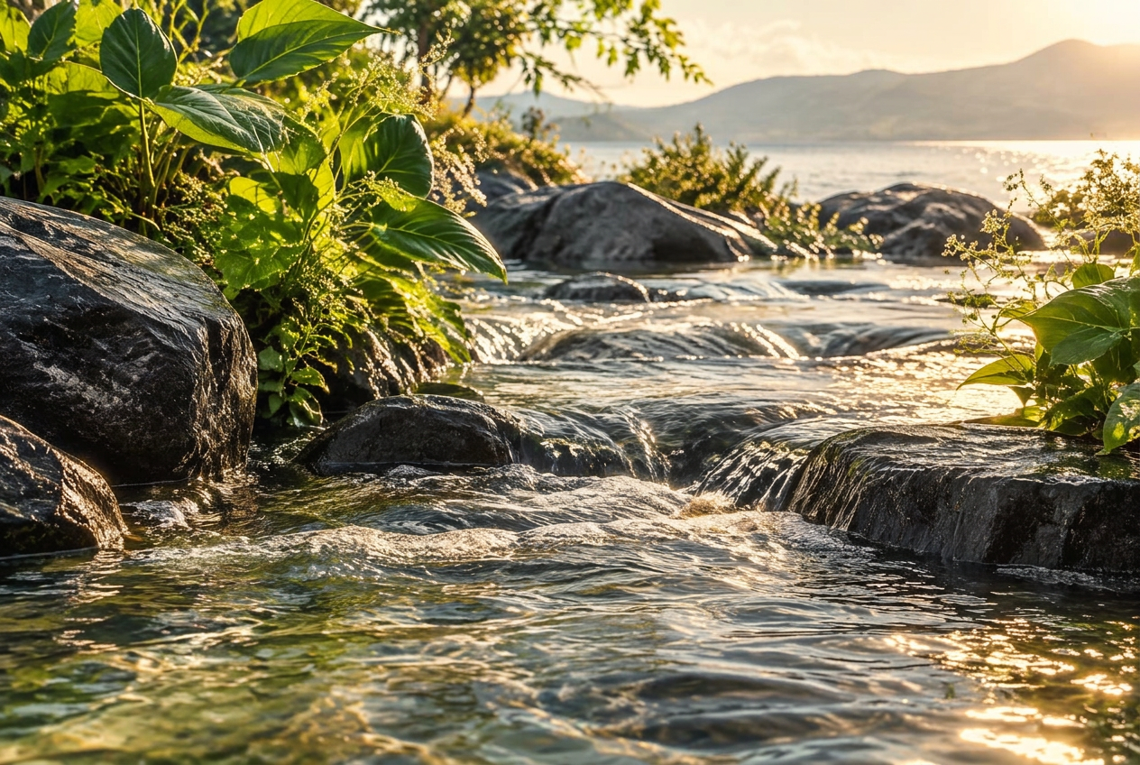 Living emerald botanicals beside clean moving water and dark stone in warm daylight